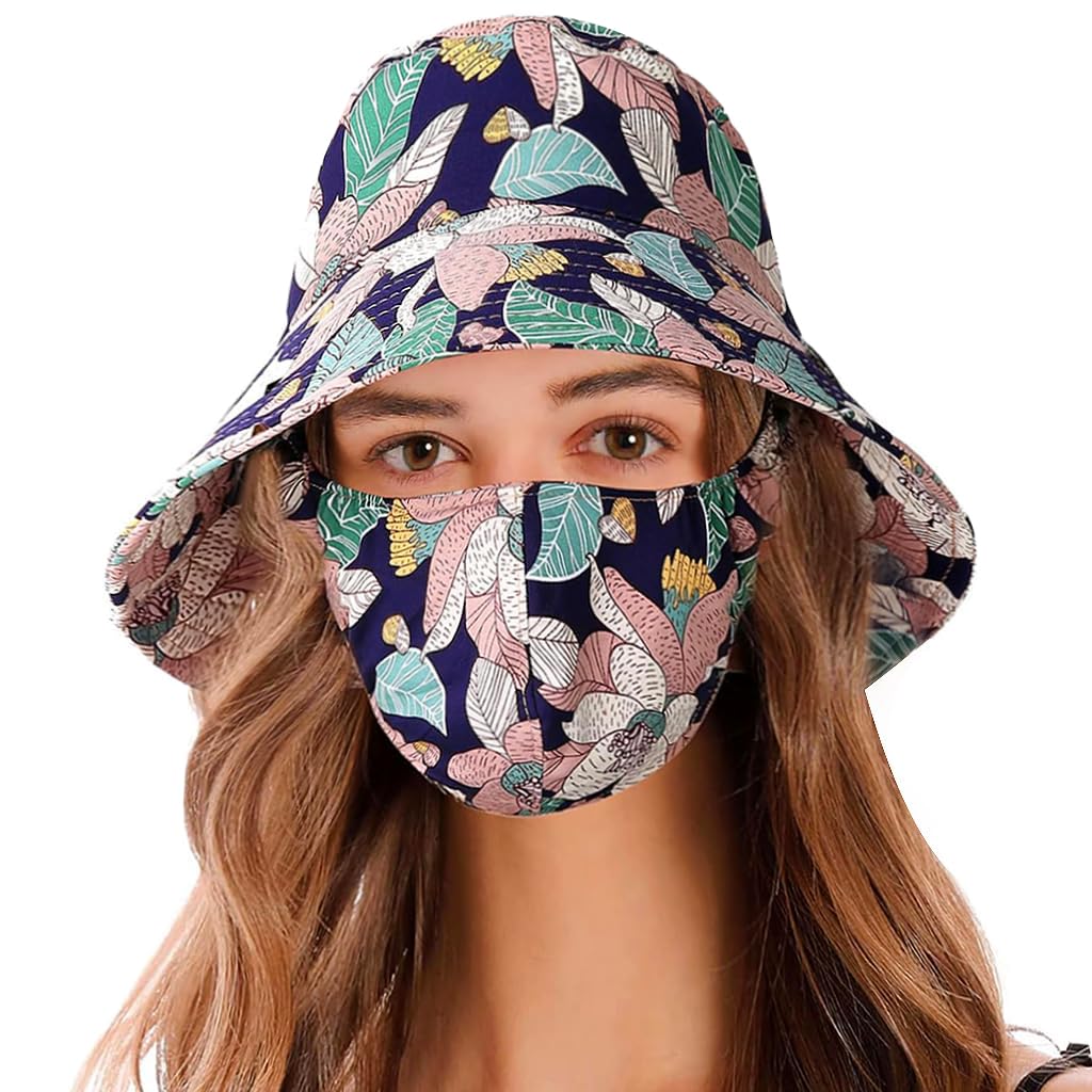 PALAY Bucket Hat for Women with Face Mask, One Piece Bucket Hats for Women, Fashion Leaf Prints Summer Sun Hats for Women UV Protection Wide Brim Outdoor Hat for Cycling, Fishing PALAY Bucket Hat for Women with Face Mask, One Piece Bucket Hats for Women, Fashion Leaf Prints Summer Sun Hats for Women UV Protection Wide Brim Outdoor Hat for Cycling, Fishing